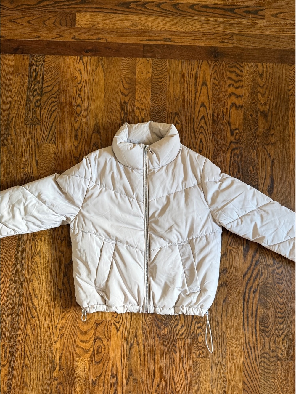 H&M Divided Women Puffer Jacket XS Cream High Neck Cropped Drawstring Coat